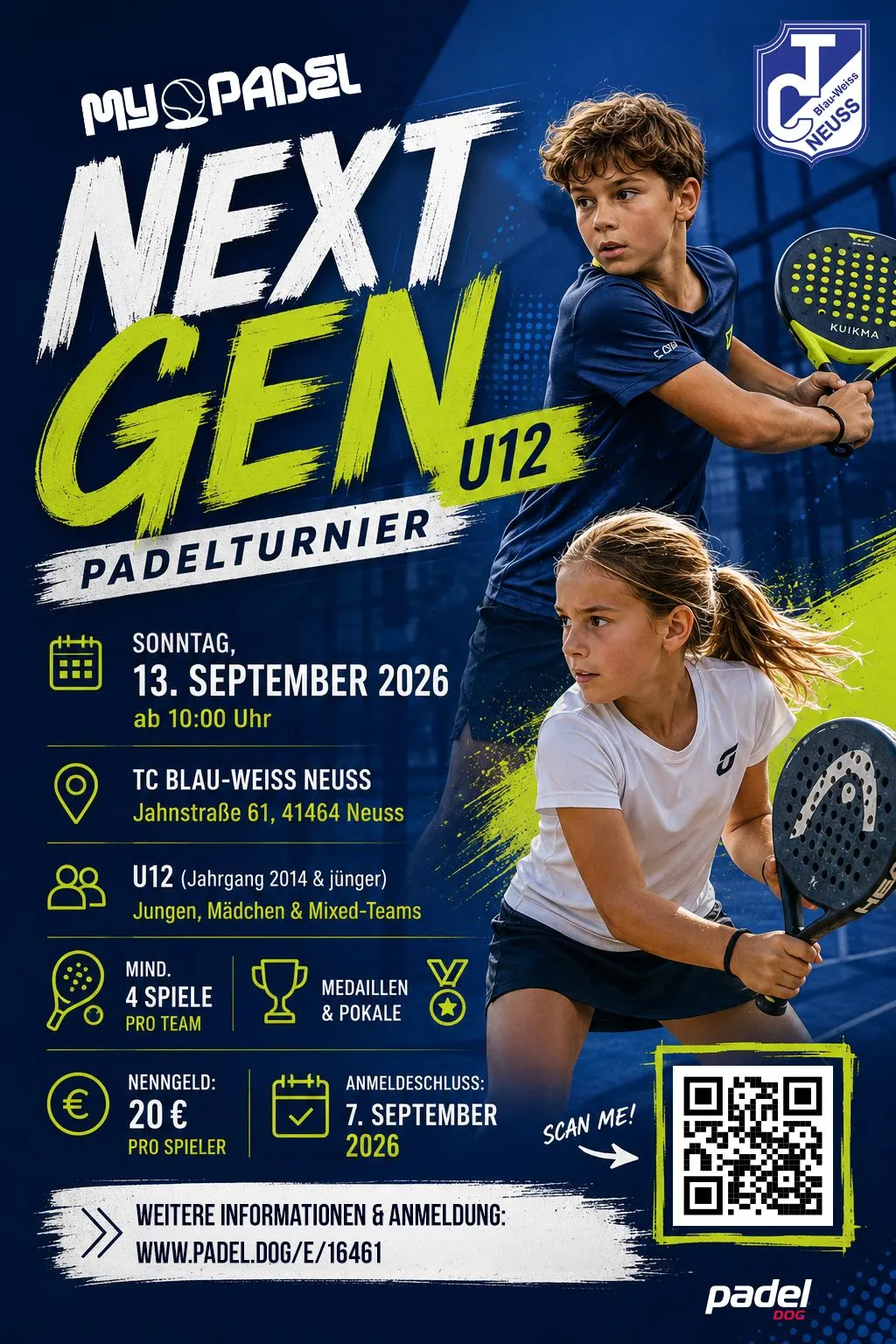 Flyer: Next Gen U12 Padelturnier am Sonntag, 13. September 2026, ab 10 Uhr beim TC Blau-Weiss Neuss